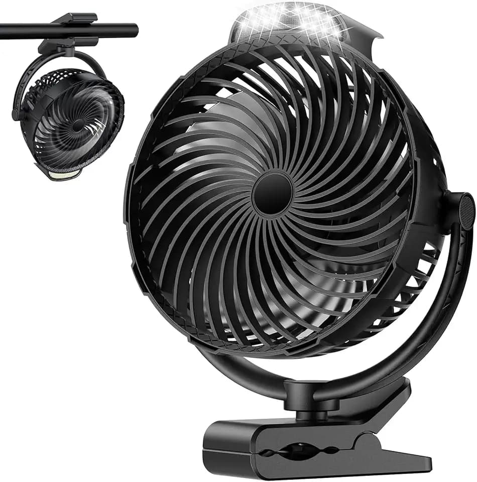 8-Inch Rechargeable Clip on Fan, 10000mAh Portable Camping Fan with LED Light, 9-Speed Ultra Quiet Airflow, 30H Runtime, 360° Rotating Desk Fan for Golf Cart, Bedroom, Office, Dorm, Black