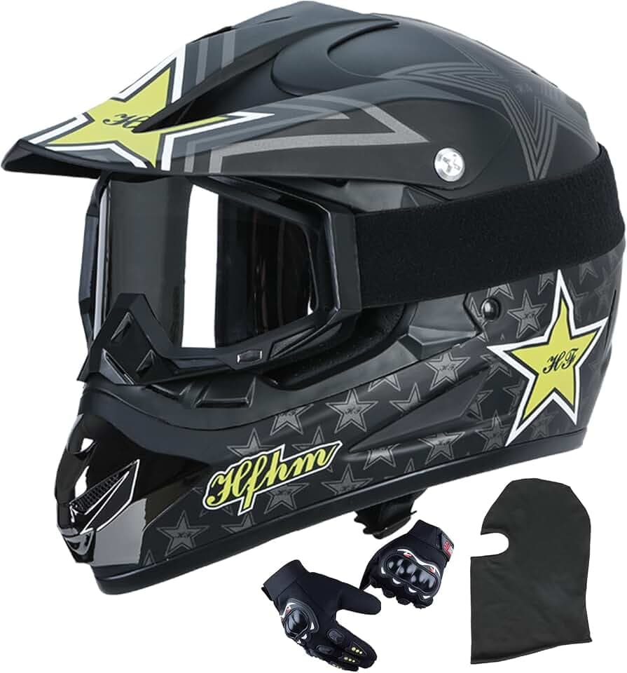 Adult Motocross Dirt Bike Helmet with Goggle, Gloves & Mask,ATV,Motorcycle Adult Helmet Off-Road Black for Unisex-Adult,DOT/FMVSS 218 Approved