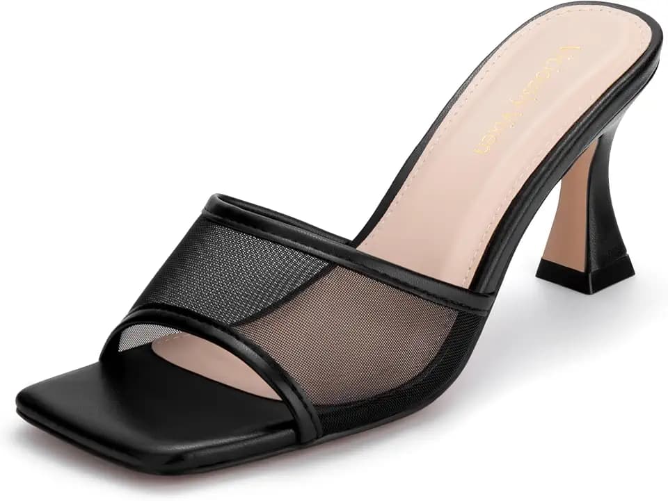 Womens Kitten Heeled Sandals Square Open Toe Mesh Slip On Heels Casual Party Dress Shoes for Women