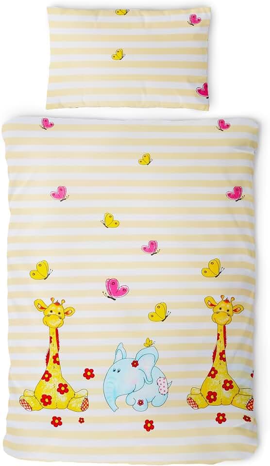 Gräfenstayn® 2-TLG. Kinderbettwäsche Set mit Tiermotiv und integriertem Reißverschluss - aus 100% Baumwolle (Renforce-Qualität) - Deckenbezug 135x100cm und Kissenbezug 60x40cm (Giraffe & Elefant)