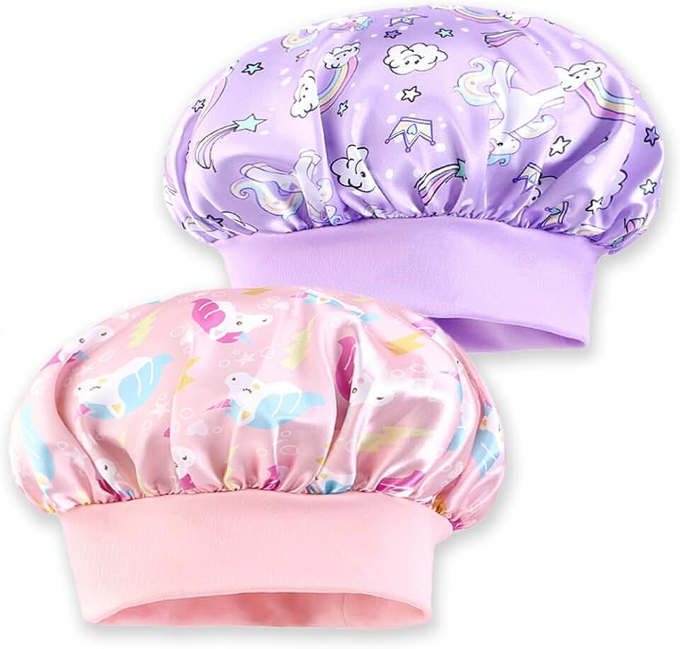 2 Stück Kinder-Einhorn-Seiden-Satinhaube, verstellbar, elastisch, weich, rosa und lila, Satin-Haarhaube, Schlafmütze für Kleinkinder, Mädchen, niedliche Einhorn-Schlafmütze zum Schlafen