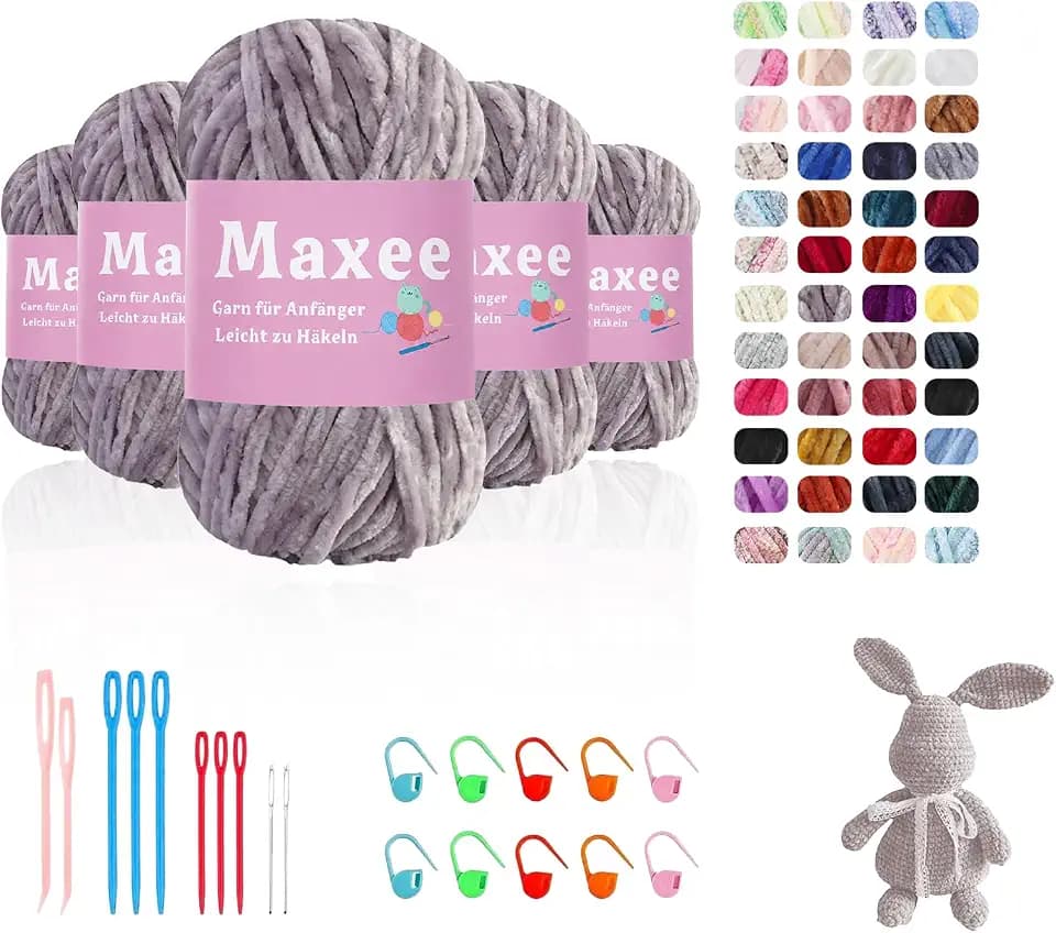 Maxee 500g(5×100g) Samtig Babywolle, Samt Chenille Garn mit Häkelwerkzeuge, Kuschelweich Velvet Chenillegarn Flauschige, Weich Plüschwolle Häkelgarn Wolle zum Stricken & Häkeln