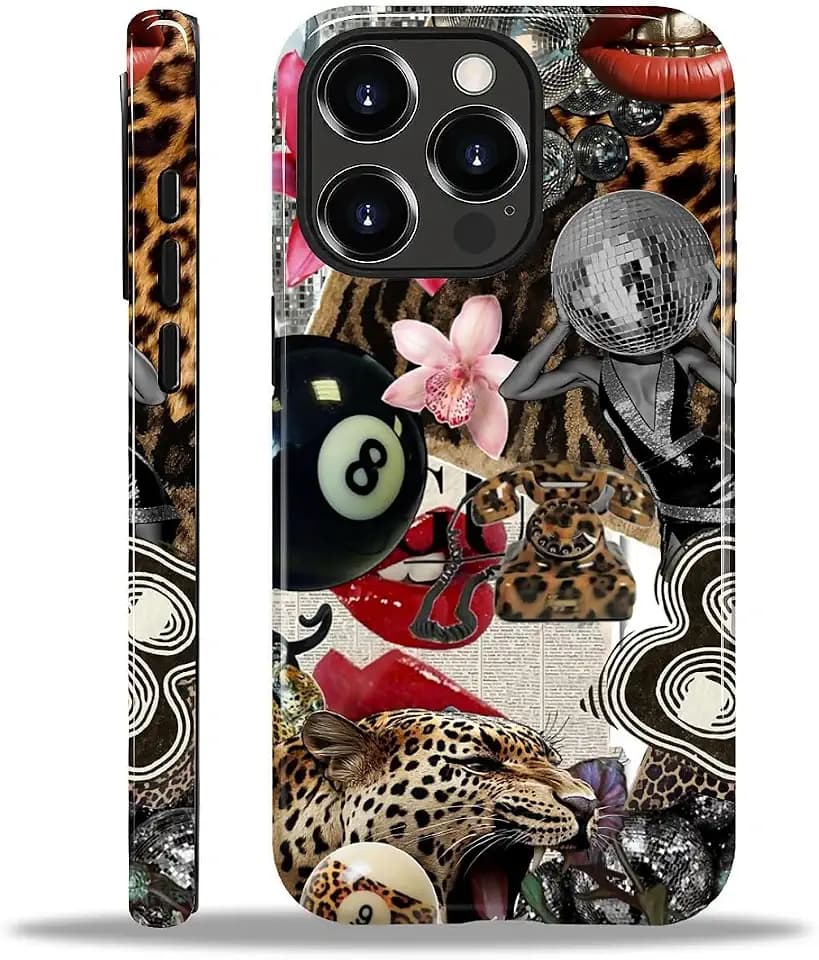 Compatible with iPhone 14 Pro Max Case - Dual-Layer Protection, Hard Shell with Silicone Interior,Slim Scratch Resistant Shockproof for Woman Men - Leopard Print Retro Collage