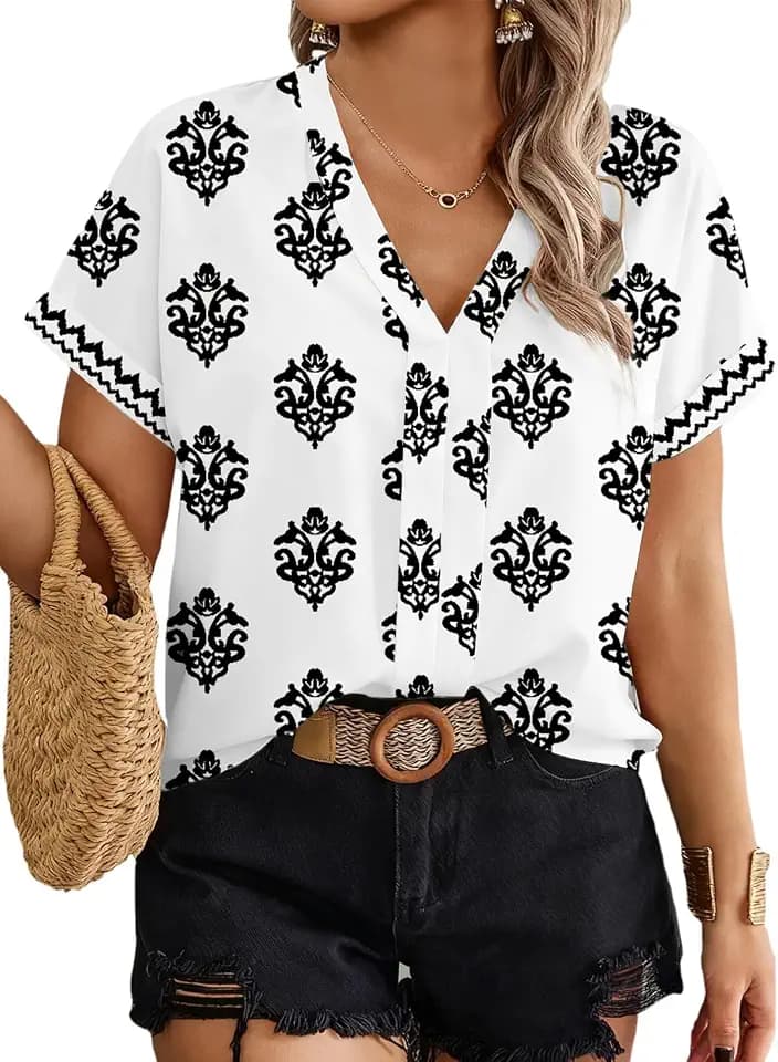 Eytino Plus Size Tops for Women Boho Floral Print V Neck Short Sleeve Casual Summer Chiffon Blouses Shirts(1X-5X)