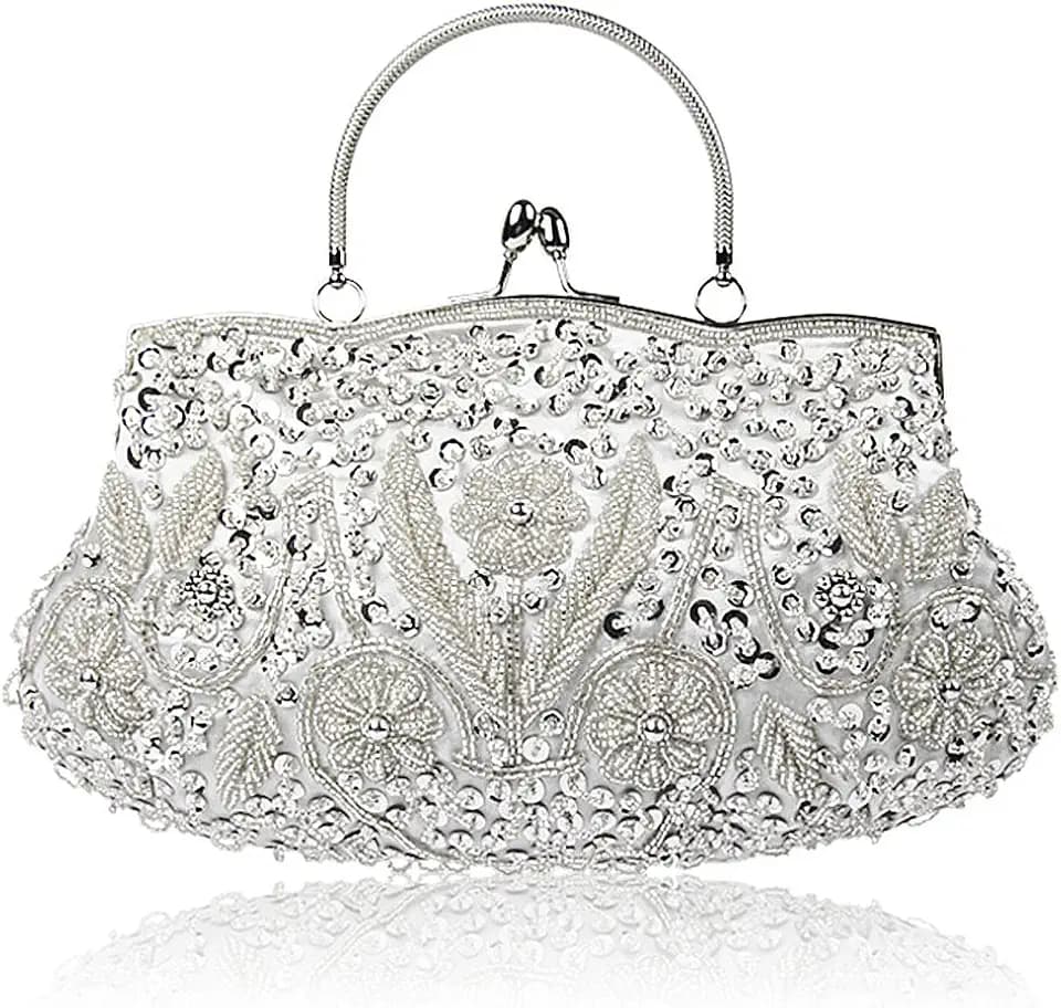 Simcat Beaded Sequin Flower Evening Purse Large Clutch Bag