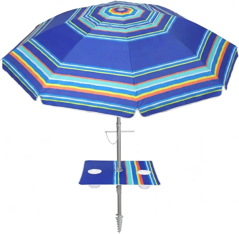 PASAMIC 7ft Beach Umbrella for Sand Featuring a Built-in Table with Sand Anchor & Tilt, UPF 50+ Protection Beach Umbrella for Heavy Duty Wind with Bag and Hook, Dark Blue Stripes（Random pattern）