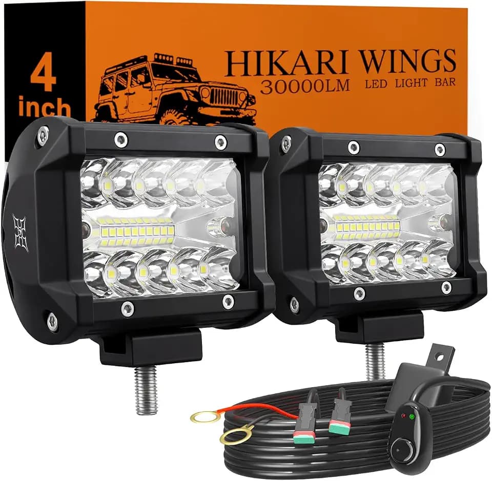 HIKARI WINGS 2026 New 4 Inch LED Light Bar 2PCS, 30,000LM Off Road, 30W Spot Flood Combo Beam, IP68 Waterproof with 12V/24V Wiring Harness Kit for Driving Truck Pickup SUV ATV UTV