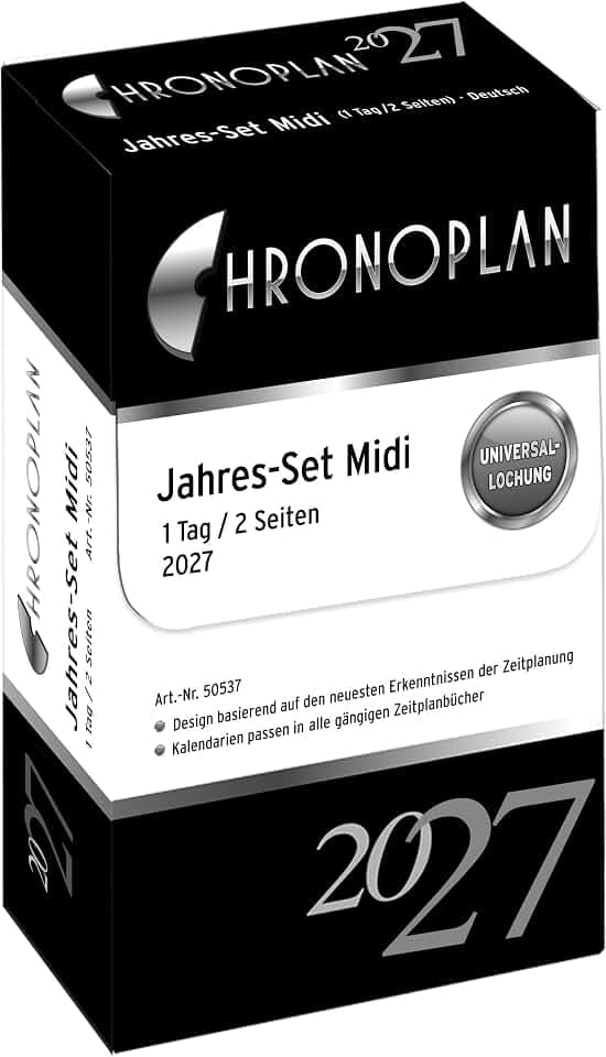 Chronoplan 50537 Kalendereinlage 2027 (Jahres-Set Midi (96x172 mm), Ersatzkalendarium für Terminplaner, Tagesplaner, ideal für detaillierte Tagesplanung, 1 Tag auf 2 Seiten, mit Universallochung) weiß