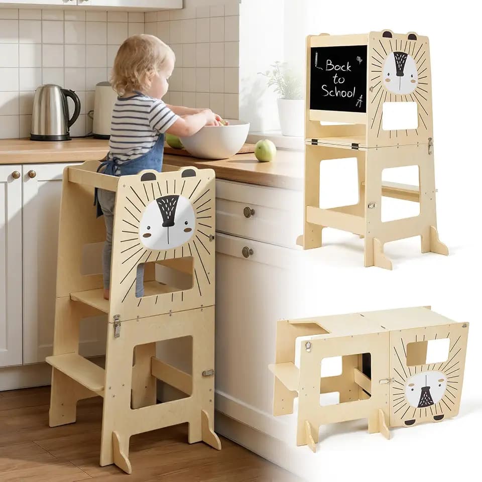 labebe lernturm für Kinder, Großformat klappbar Montessori Learning Tower, 2 in 1 lernstuhl Kinder mit Message Boards ab 1 Jahr