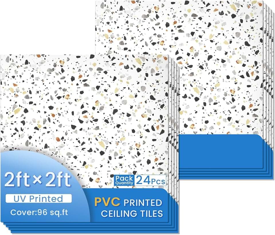 24 PCS 2x2 Ft Faux Printed PVC Ceiling Tiles, 24x24 Inch Terrazzo Speckle Scatter Ceiling Panels, Waterproof Washable Cuttable Material Ideal for Living Room Bedroom Basement Cover 96 Sq.Ft