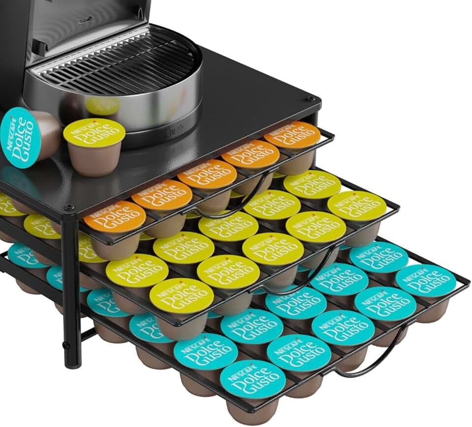 Kapselhalter Kompatibel mit Dolce Gusto Kaffeekapseln 90 Kaffeekapseln Aufbewahrung, 3 Leise Metall Kapselschublade mit Braune Holzplatte und Rutschfeste Füße, Geeignet für Kürche und Büro