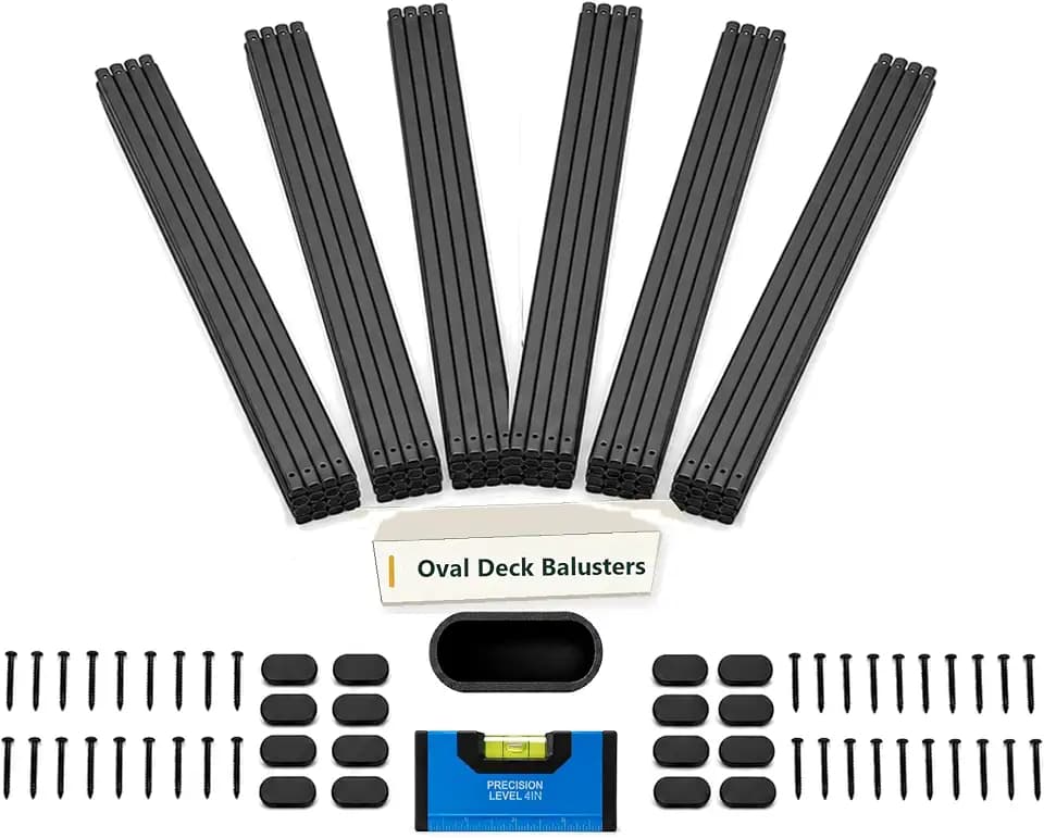 ZONEGRACE 50 Pack 32.25 Inch Deck Railing Balusters, Smooth Oval Black Metal Spindles for Face Mount Outdoor Wood Porch Patio Rails, with Bubble Level Spacing Gauge, Pre-Installed End Plugs and Screws