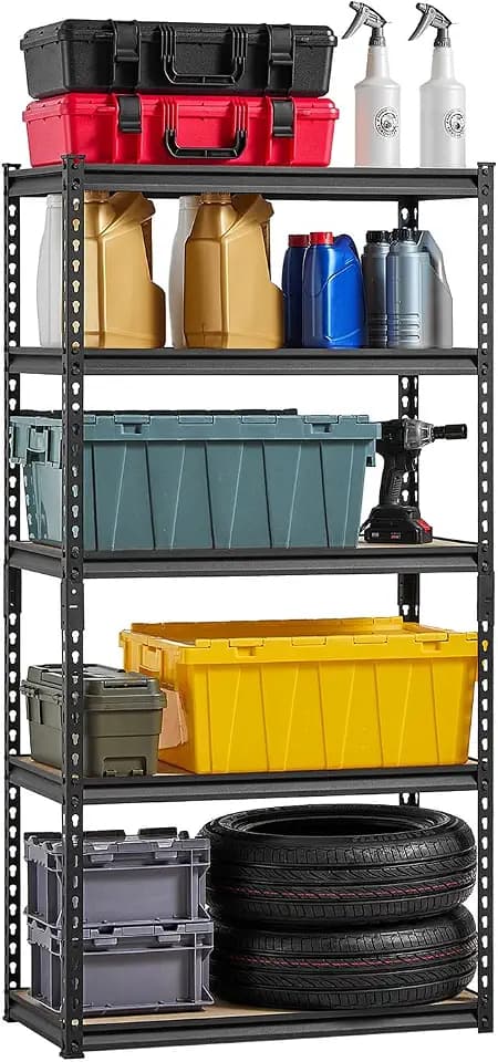 VEVOR Storage Shelves, 2000 lbs, 5 Tier Garage Storage Shelving, 16" D x 32" W x 62.8" H Adjustable Metal Shelves for Garage Shelves Utility Rack Shelf, Ideal for Kitchen, Warehouse, Basement, Black