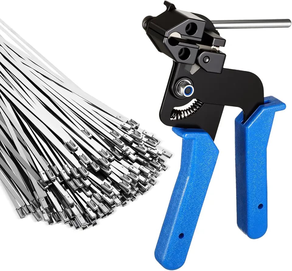 LEIFIDE 500 Pcs Metal Zip Ties Gun Kit, 11.8 Inch 304 Stainless Steel Metal Zip Cable Ties, Heavy Duty Self Locking 220 Pound Tensile Strength Cable for Exhaust Wrapping Fence Outdoor Workshop(Blue)