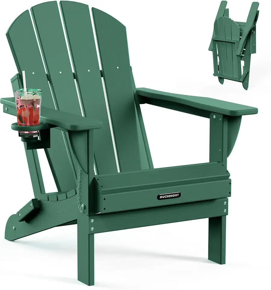 MUCHENGHY Folding Adirondack Chairs, Patio Chairs, Lawn Chairs, Outdoor Chairs, Adirondack Chair Plastic, Fire Pit Chairs, Weather Resistant with Cup Holder for Deck, Backyard, Garden(Green)