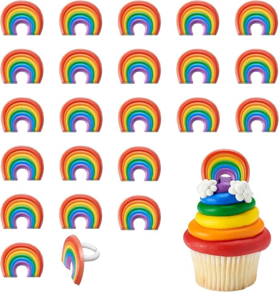 Rainbow Cupcake Decoration Toppers | 24 Pack Party Cake Rings