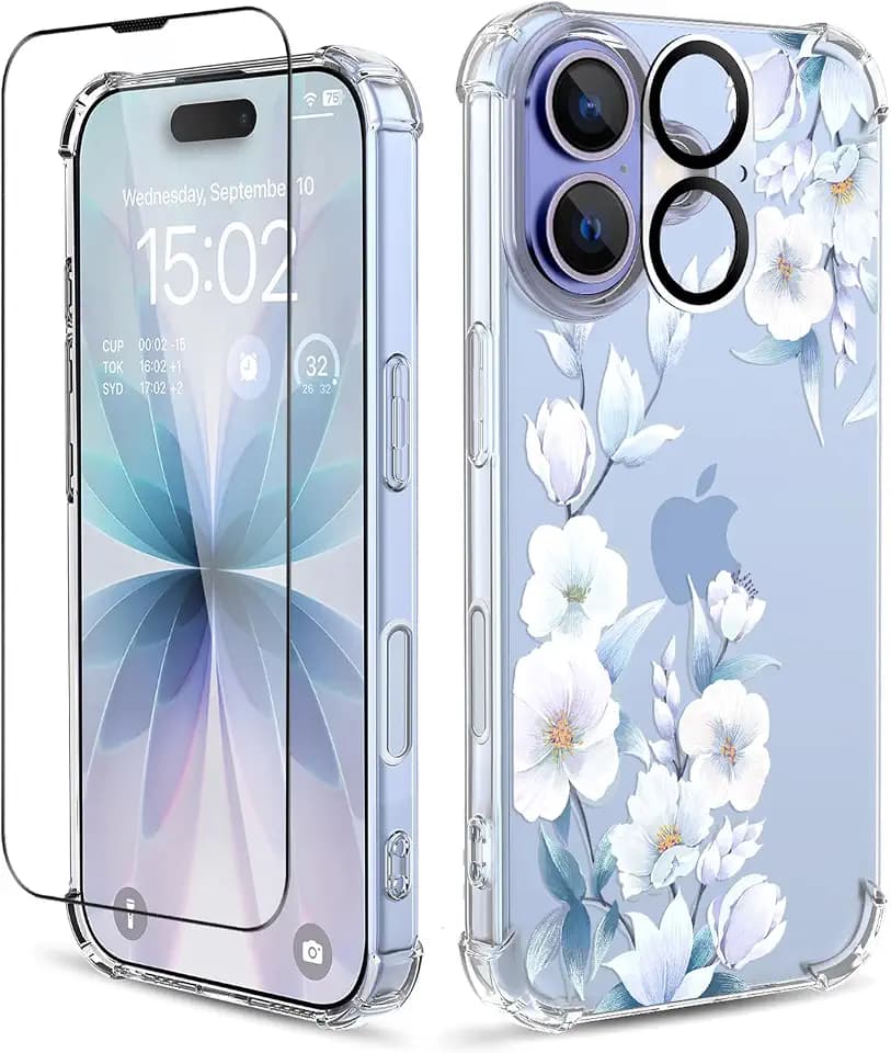 for iPhone 17 Case, 3 in 1 Screen & Lens Protectors, Floral Cover