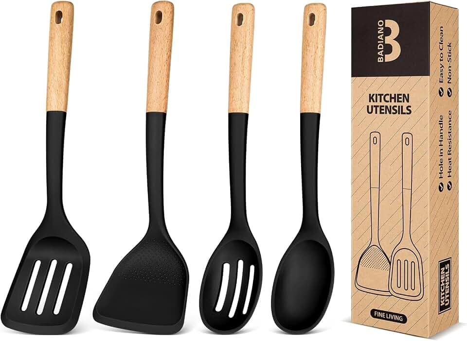 Badiano Silicone Cooking Utensils Set, Safe for Nonstick Cookwares, Black