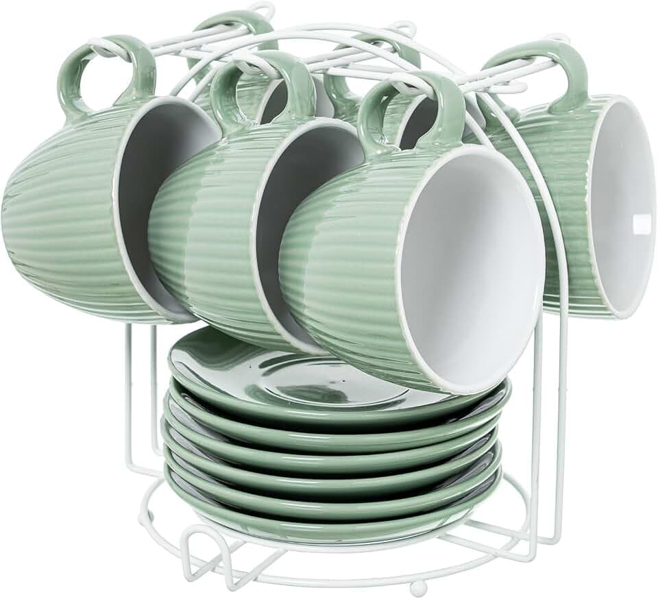 SET 6 TAZAS TE C/PLATO CERAMIC A VERDE MENTA C/SOPORTE METAL