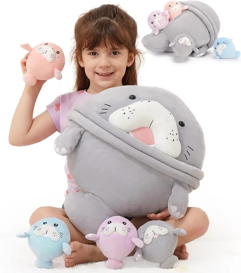 MorisMos Manatee Stuffed Animal Plush with Babies – Large Sea Cow Toys,Soft Stuffed Manatee Hugging Pillow for Kids Adults,Marine Animal Gift & Ocean Plush for Home Decor,CPC Certified