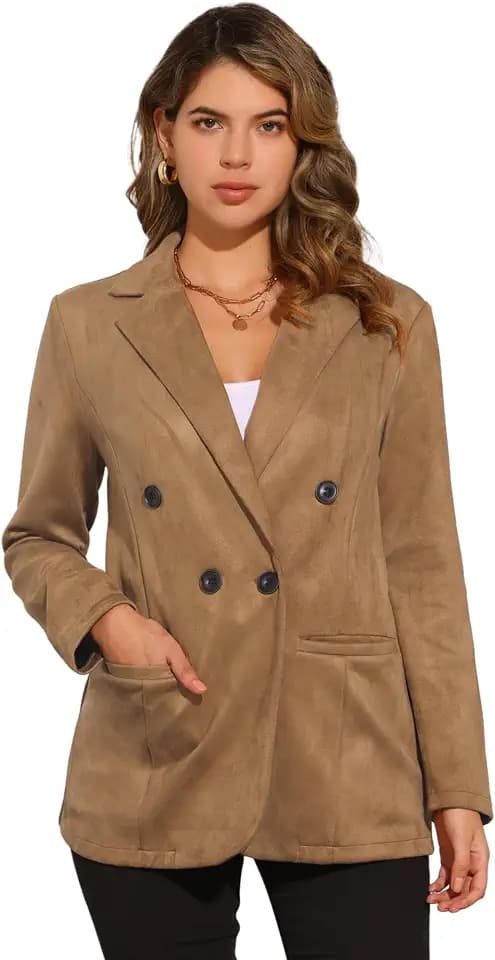 Allegra K Blazer aus Wildlederimitat für Damen, Business, lässig, Reverskragen, zweireihige Anzugjacke
