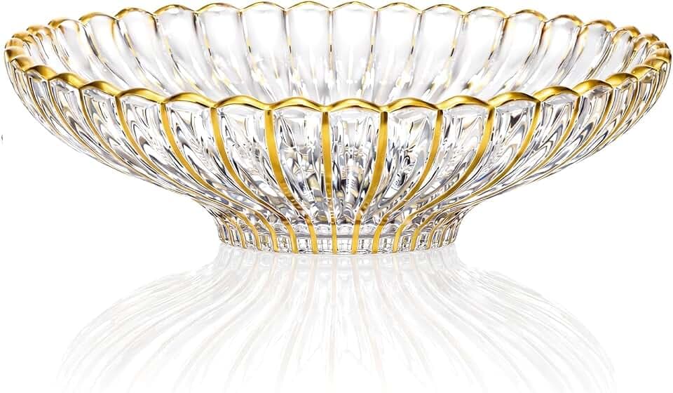 Gold Large Decorative Bowl 11'' Hand-painted Ruffle Decorative Bowl Glass Fruit Bowls Crystal Key Bowls Modern for Counter Home Decoration Table Centerpiece Kitchen Dining Room(Flat)