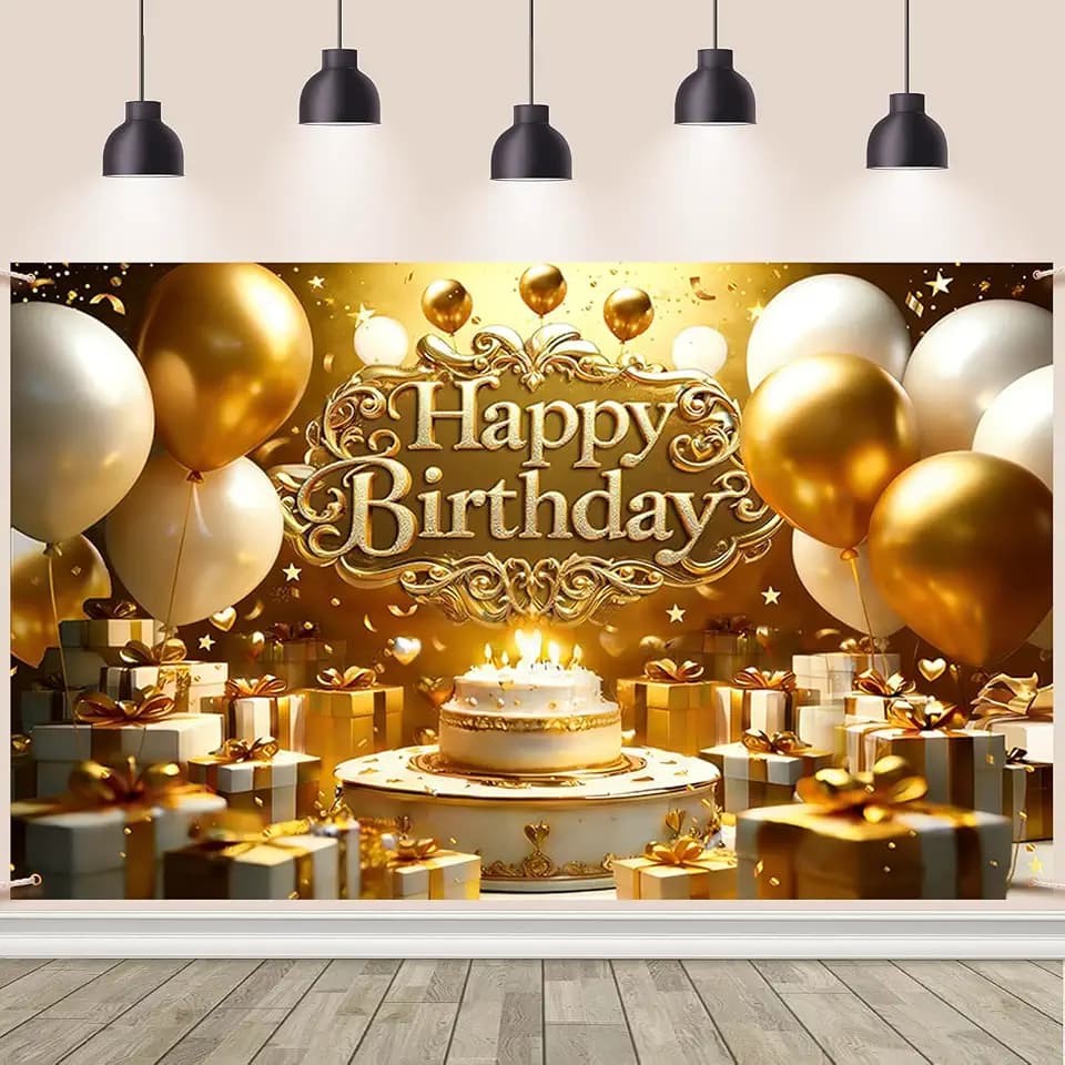 AIBIIN Gold Happy Birthday Backdrop Banner Gold Birthday Photography Background for Home Outdoor Bday Party Decoration Supplies 70.8 x 43.3 Inch