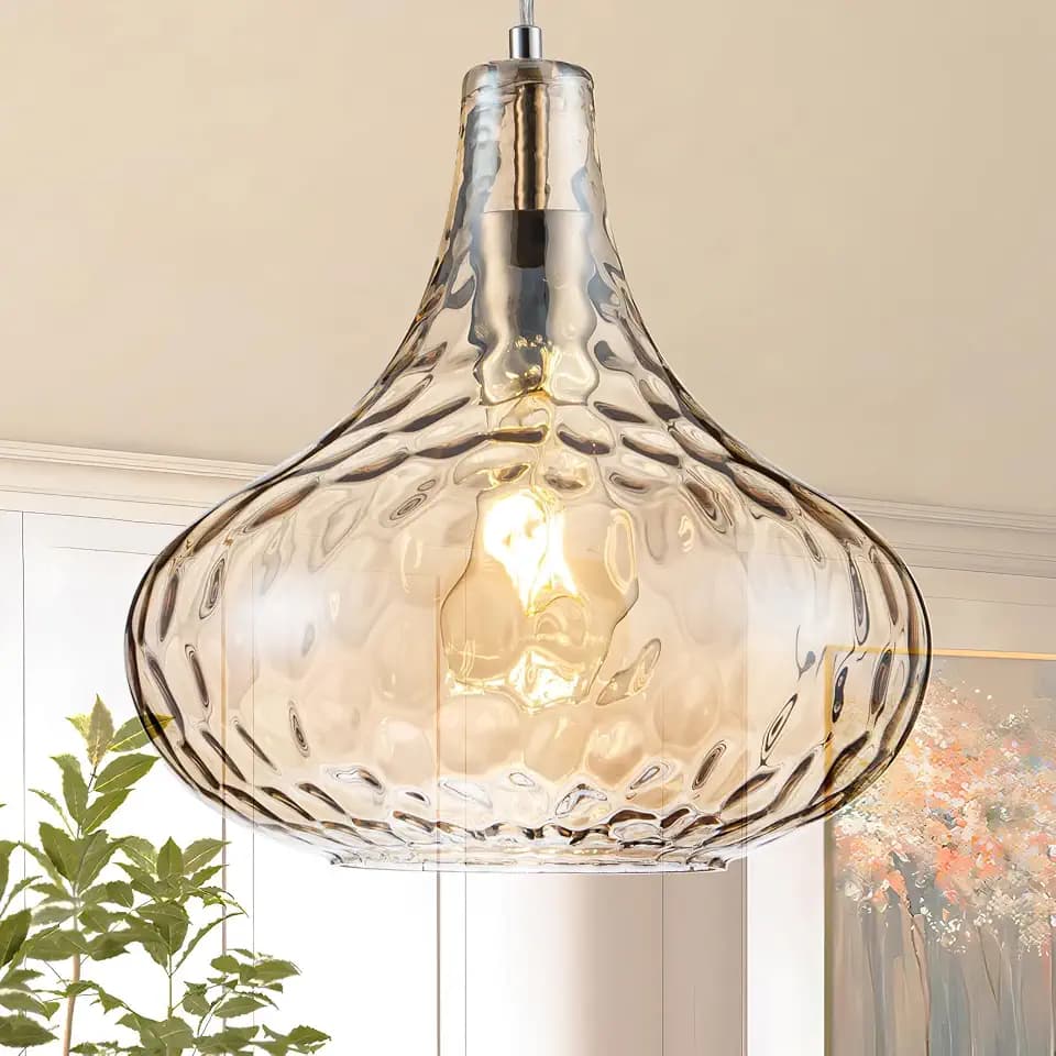 Amber Glass Pendant Light, 11" Hammered Glass