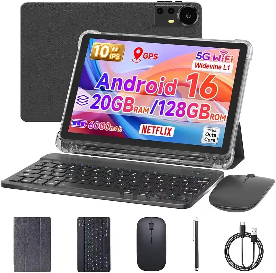 10 Inch Tablet Android 16 Tablets with Case 4+16GB RAM+128GB ROM, 6000mah Battery 10 in Android Tableta, 2MP+8MP Dual Camera 10.1'' IPS HD Touch Screen Tab (Black+Keyboard)