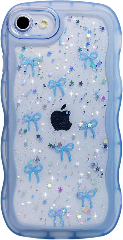 Qokey for iPhone 6S Plus/6 Plus Case 5.5", Glitter Star & Curved Edge Handle Grip Design, Military-Grade Shockproof TPU Cover, Sparkle Protection Scratch-Resistant, Holographic Blue Bow