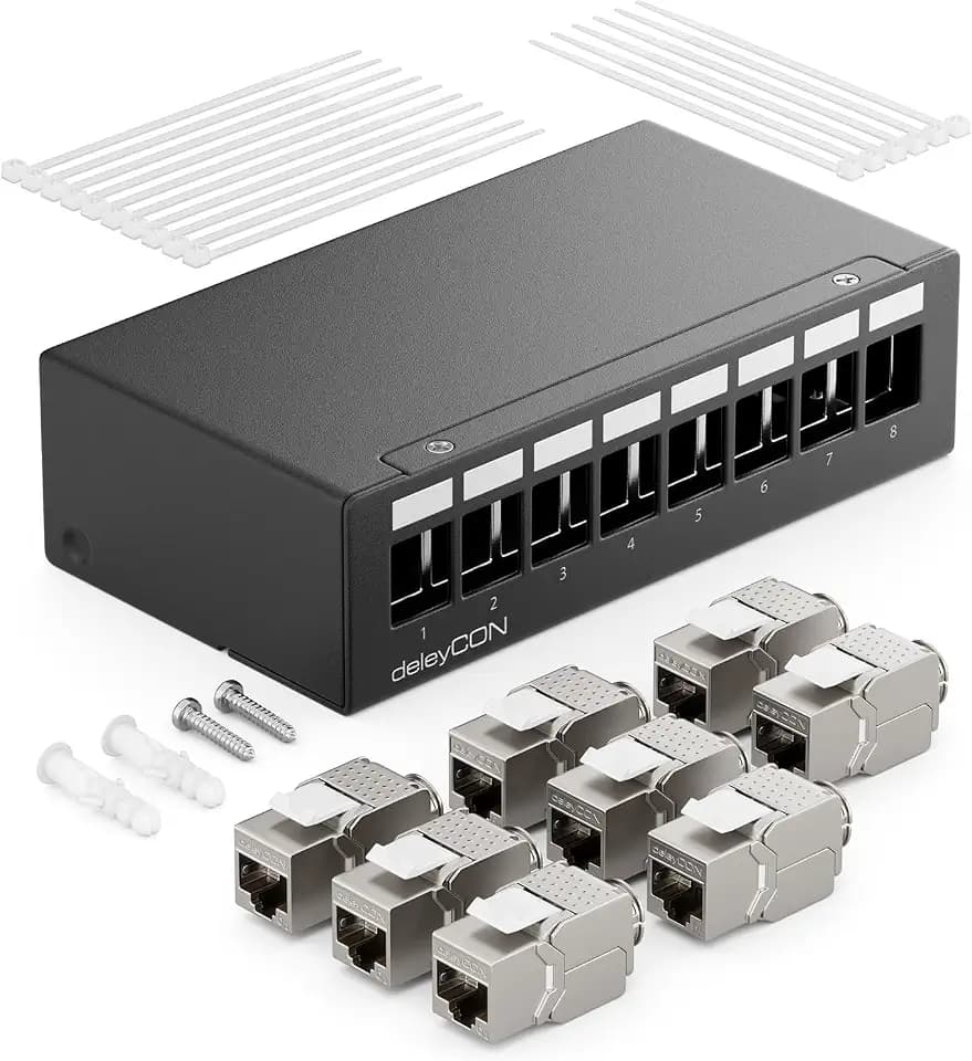 deleyCON 8 Port Patchpanel Set Patchfeld CAT6a STP 1 HE - Schwarz