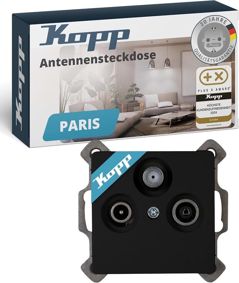 Kopp PARIS 3-fach Antennensteckdose - Matt-Schwarz - Hochwertige IP20 TV-Kabel-Steckdose - Stilvolle TV/RF Antennendose aus mattem Kunststoff - SAT-Dose für alle gängigen Antennensteckdosen