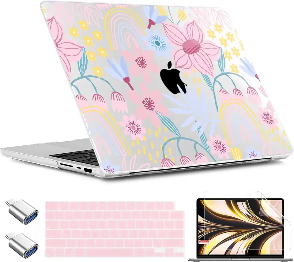 TWOLSKOO Compatible with MacBook Pro 14 inch Case M5 2026 2025-2021 Release M4 M3 M2 M1 Pro/Max Chip, Plastic Hard Shell & Keyboard Cover & USB C to USB Adapter & Screen Film, Floral Spring