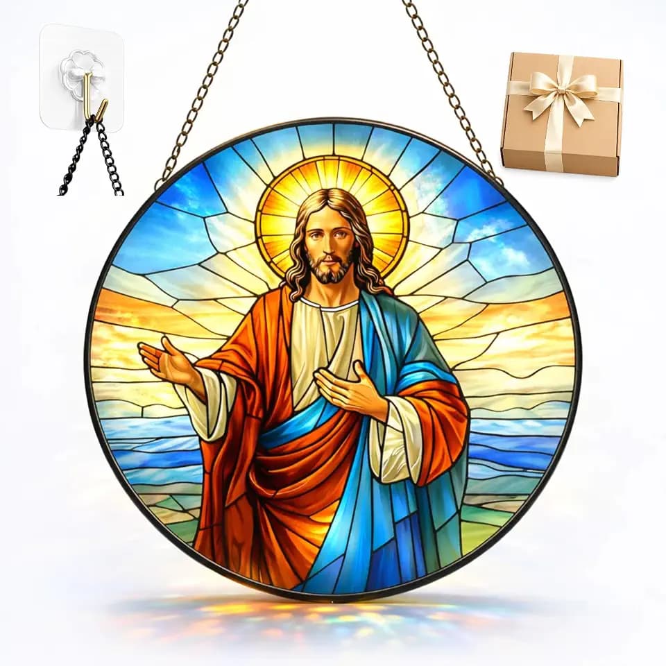 Jesus Stained Glass Suncatcher Window Hanging, 7.87" Christian Suncatcher Religious Stained Glass Decor, Jesus for Dad Grandpa, Faith Window Decor for Prayer Room Sunroom Office