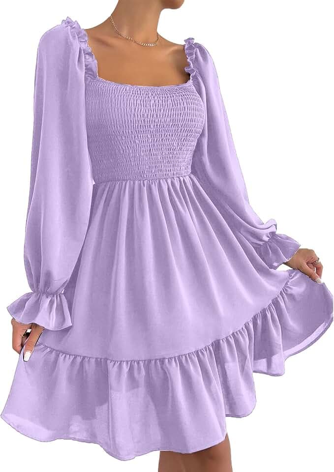 Women's Square Neck Smocked Puff Sleeve Knee Length Wedding Guest Dress
