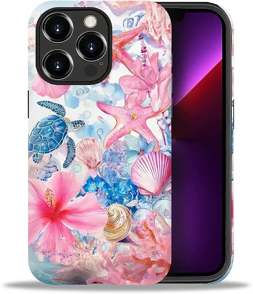 for iPhone 13 Pro Max Case, Hybrid 2-Layer Silicone Protective Matte Case for Girl Women for iPhone 13 Pro Max Aesthetic Italian Summer Coastal European Preppy Turtle Collage Pattern
