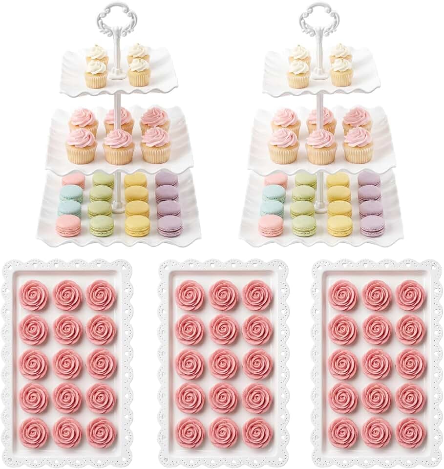 5 Pcs Dessert Table Display Set -Plastic Dessert Table Display Set,2 x Large 3-Tier Cupcake Stands/Cup Cake Tier Tower & 3 X Serving Tray Combo for Tea Party, Birthday, Baby