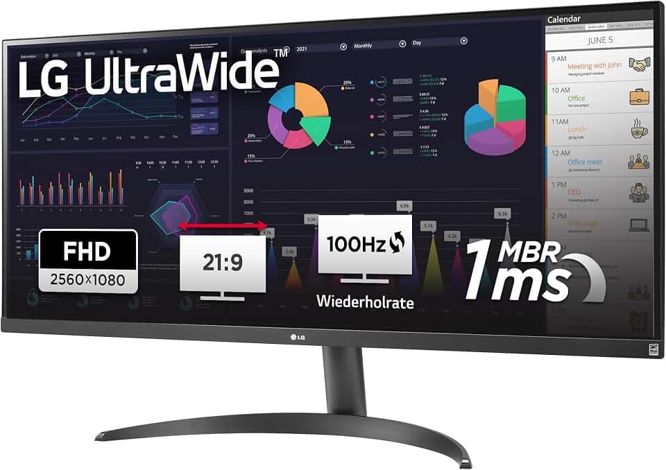LG Electronics 34WQ500-B UltraWide™ Full HD 34" (87cm), 2560 x 1080, 21:9, AMD FreeSync™, HDR10- and VESA DisplayHDR™ 400, IPS with sRGB 99% (Typ.), Waves MaxxAudio®, 5ms GtG - Schwarz