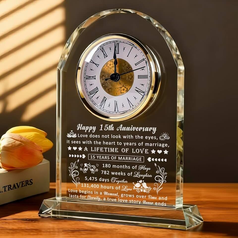 15 Year Anniversary Clock Gifts for Him Her, 15th Anniversary Romantic Gifts for Couple, 15 Year Crystal Anniversary Wedding Gifts for Wife Husband Women Men, 15 Years of Marriage Gifts