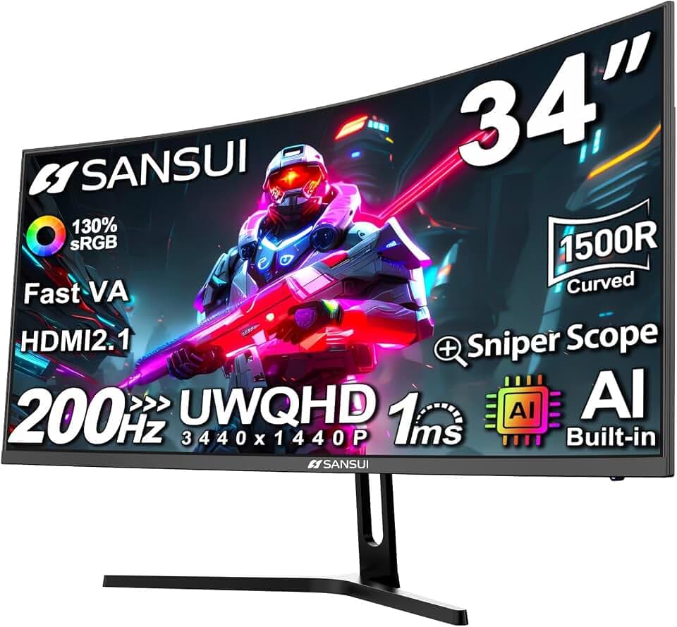 SANSUI 34-Inch Curved Gaming Monitor UWQHD 3440 x 1440P 200Hz Ultrawide