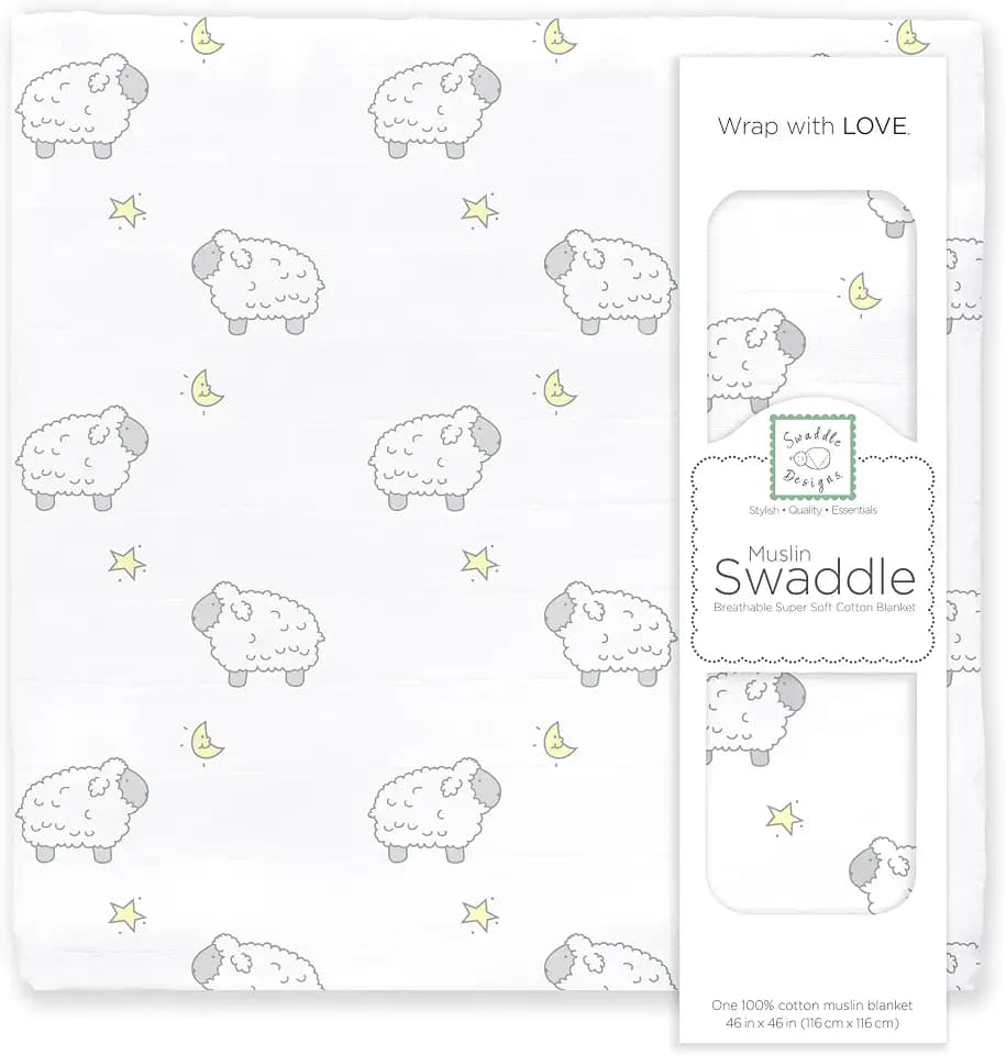 SwaddleDesigns Cotton Muslin Swaddle Blanket, Receiving Blanket for Boys & Girls, Best Shower Gift, 46x46 inches, Little Lambs, Sterling