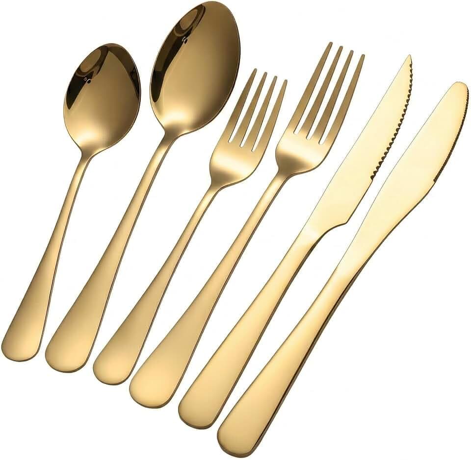 GPY 24-Piece Gold Silverware Set with Steak Knives, Flatware Set for 4