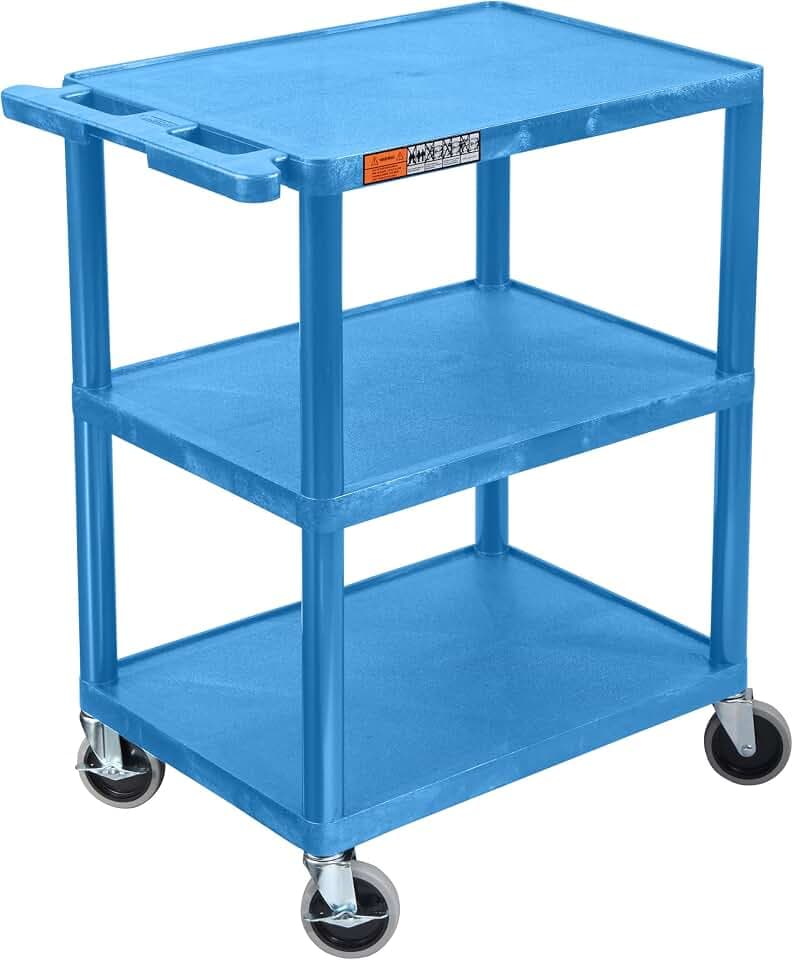 Luxor HE34-BU Utility Cart - 3 Shelves Structural Foam Plastic, Four 4" Casters, Two with Locking Brake, Ergonomic Push Handle, 24"W x 18"D x 34"H, Offices, Classrooms