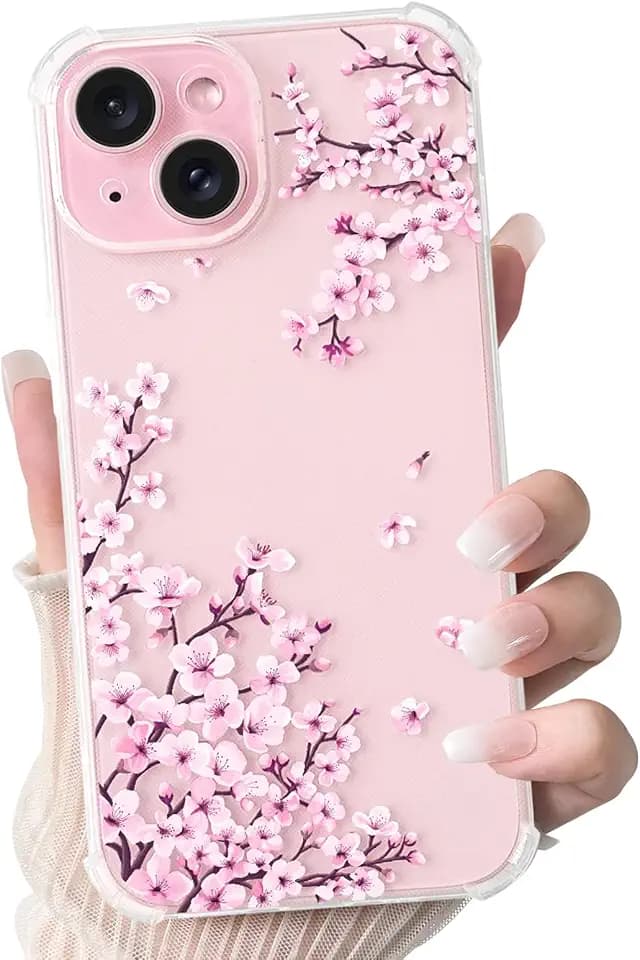 Lovmooful for iPhone 15 Plus Case Clear Cute Flower Peach Blossoms-Pink