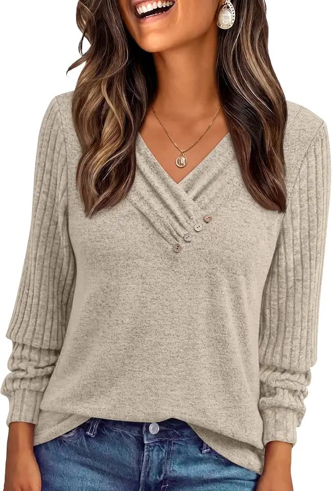 LILLUSORY Womens Long Sleeve Tunic Fall Tops V Neck Button Shirts 2026