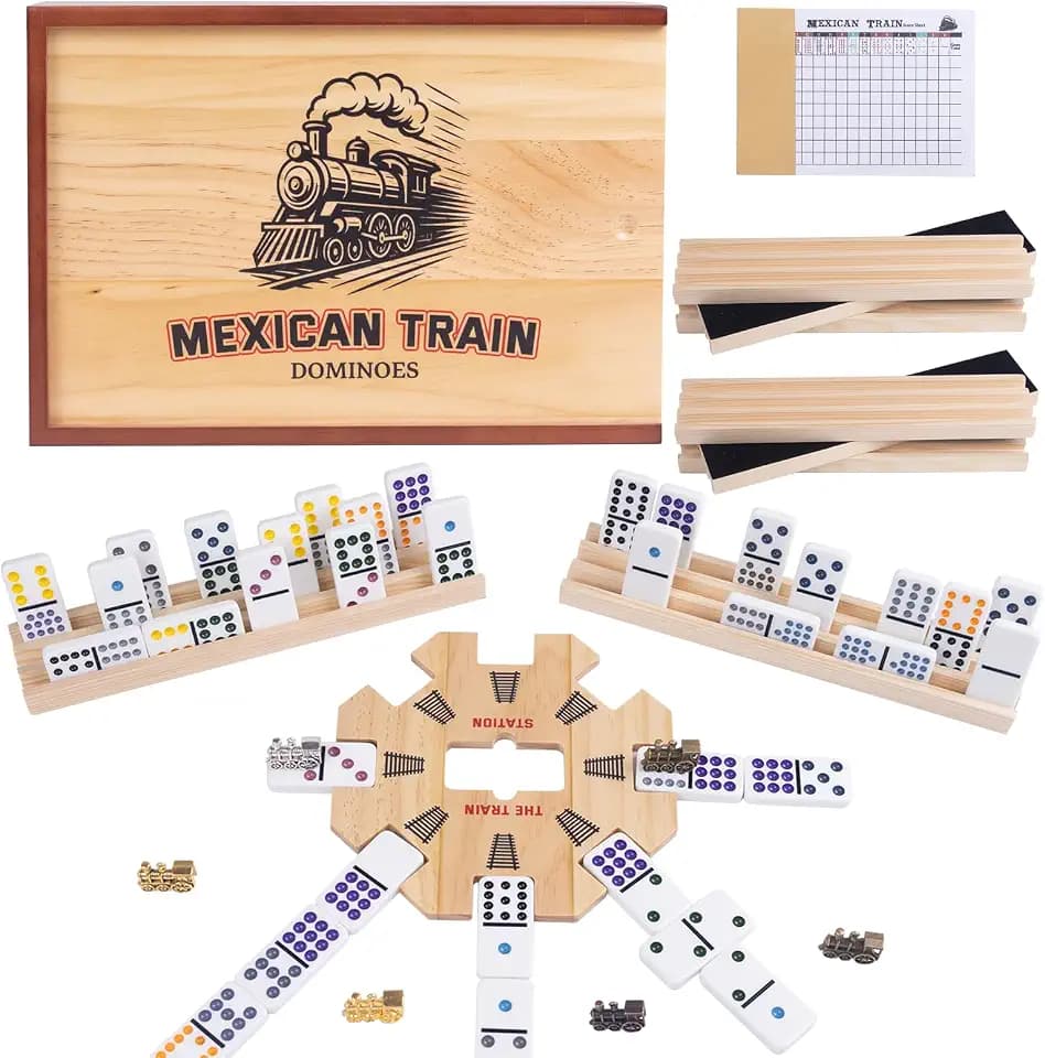 Double 15 Mexican Train Dominoes Set for Adults with 8 Wooden Trays, 8 Train Markers with Velvet Pouch, 136 Color Dot Tiles, Solid Wood Hub & Scorepad in Drawer Box – Classic Family Board Game Gift