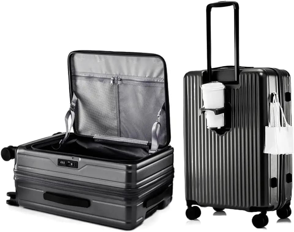 HotWay 20 Inch Expandable Carry On Luggage with Cup Holder, Hardside TSA Approved Luggage with Spinner Wheels, Top Opening Suitcase For Travel, Black