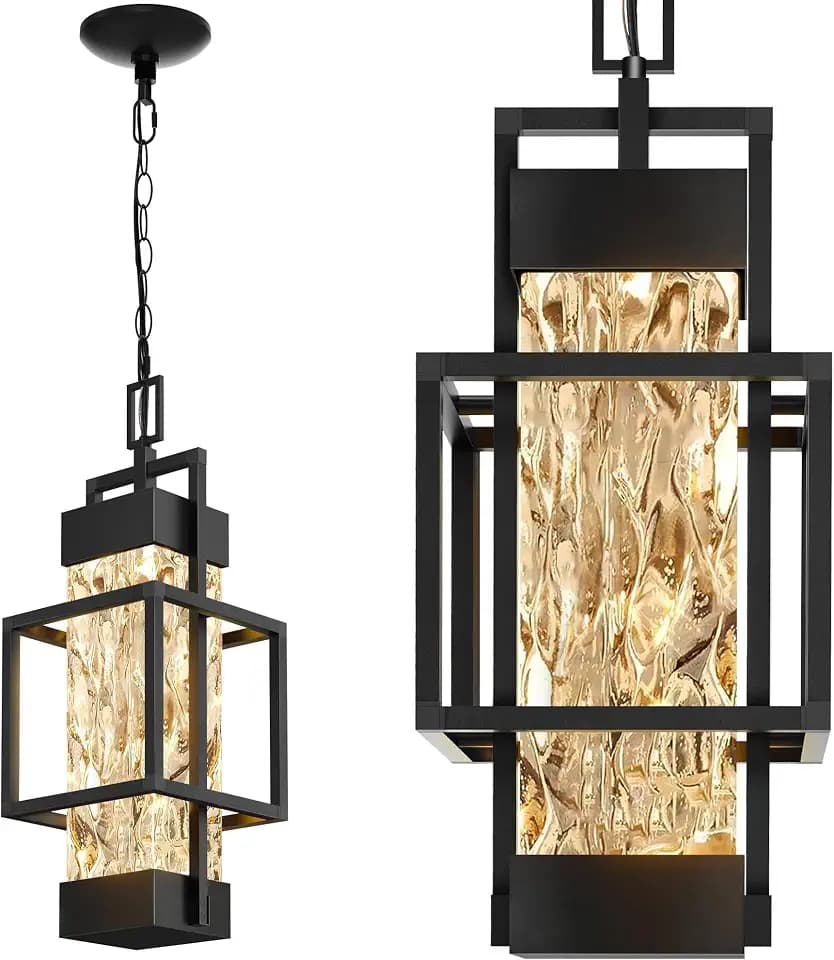 Hotsonic 15'' Outdoor Indoor Pendant Celing Light Fixture, Modern Exterior Hanging Chandelier Porch Lights, Black Aluminum Outside Lantern Lamp for Entrance Foyer Entryway (Bulb Included)