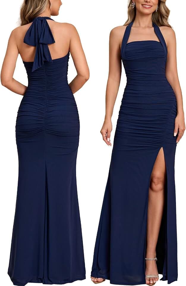 Women Halter Tie High Slit Wedding Guest Maxi Dress