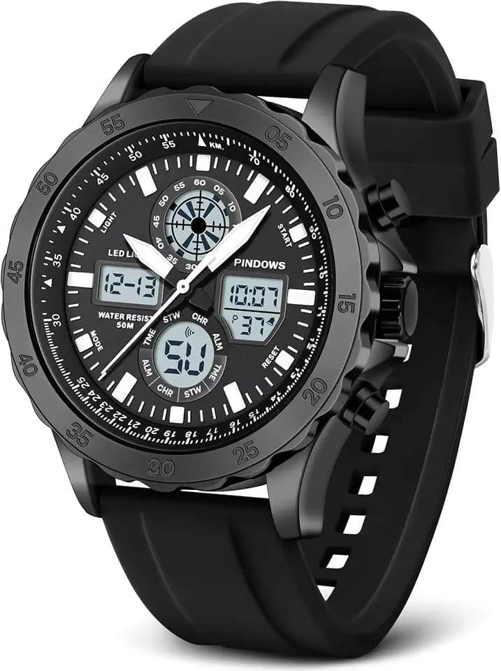PINIDOUS Herren Uhren Sportuhr wasserdichte Militär Uhren Digitale Analoge Uhr für Herren,Aus Edelstahl Uhren mit Stoppuhr Alarm Licht Stündlicher Glockenschlag Multifunktions Armbanduhren
